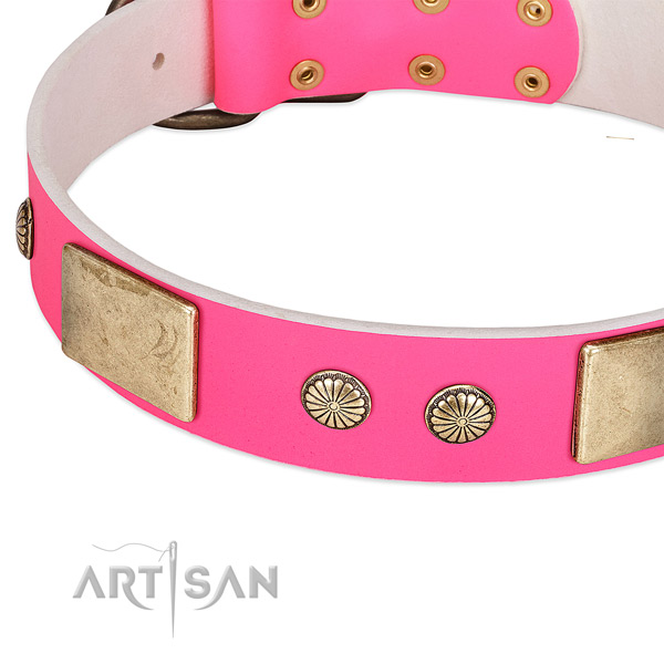 Uniquely decorated pink leather dog collar with plates and studs