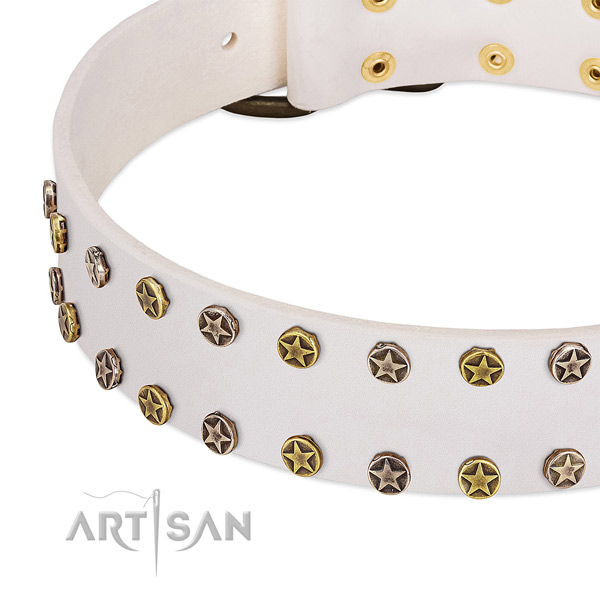 FDT Artisan white leather dog collar with engraved studs