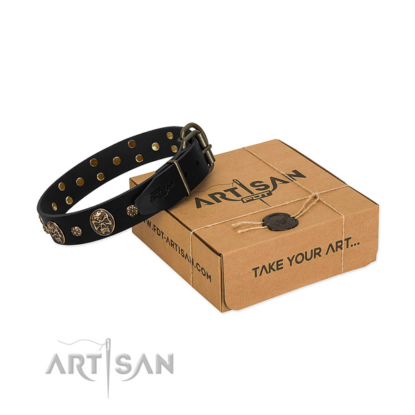 Black leather dog collar comes in designer box