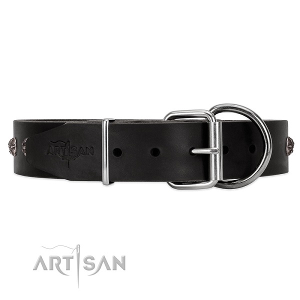 Black leather dog collar with silver-like studs with flowers