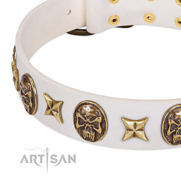 Chic White Leather Dog Collar Adorned with Gold-like Medallions