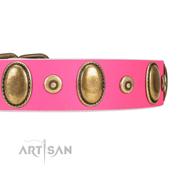Bright Pink Leather Dog Collar with Vintage-looking
Decorations