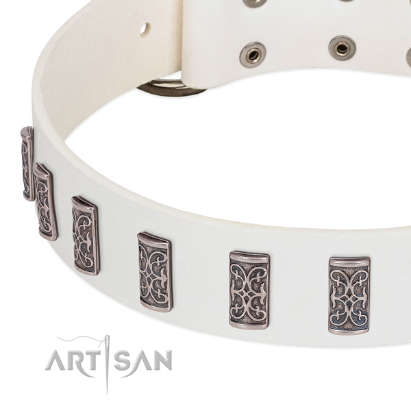 White leather dog collar handmade to impress canines around