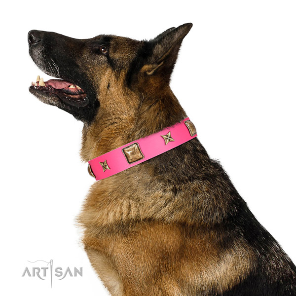 Decorated with Antique Plates and Stars Leather Collar for German Shepherd