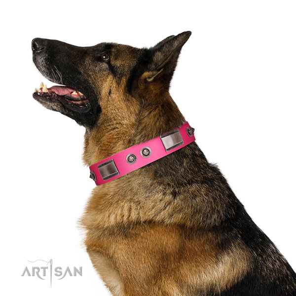 Pink leather German Shepherd collar for walking