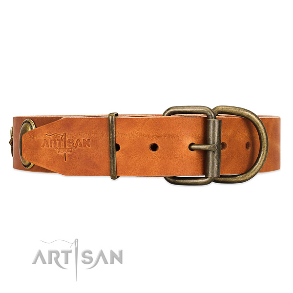 Soft leather dog collar with non-corrosive buckle and
D-ring
