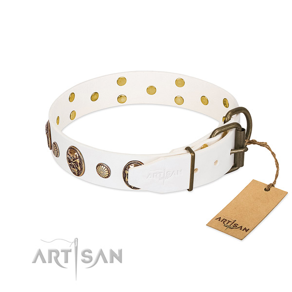 Reliable White Leather Dog Collar with Strong Hardware
