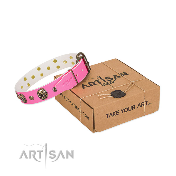 Luxurious Pink Leather Dog Collar Adorned with Gold-like Studs