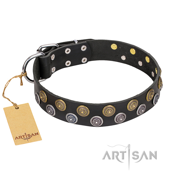 Handmade black leather dog collar with fashionable decorations