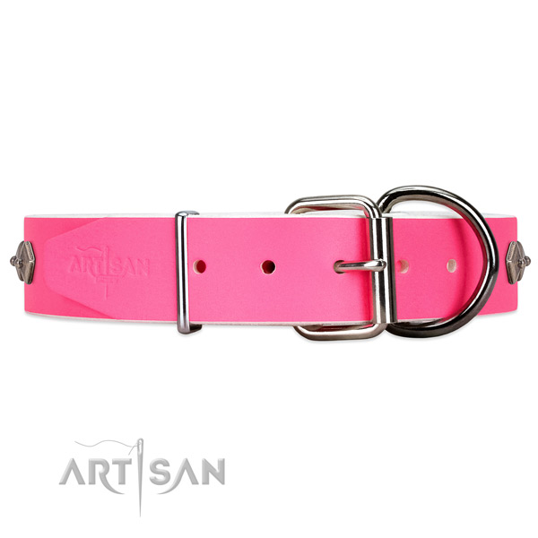 Handmade Pink Leather Dog Collar with Rust-proof Hardware