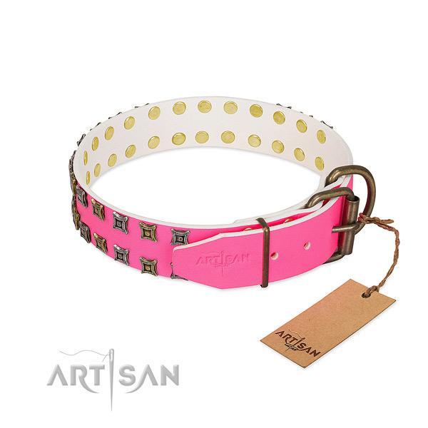 Easy Adjustable Leather Dog Collar with Strong Bronze-like Plated Hardware