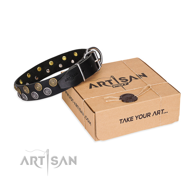 Easy walking decorated black leather dog collar