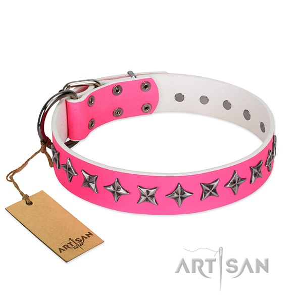 Pink Leather Dog Collar with Exquisite Design