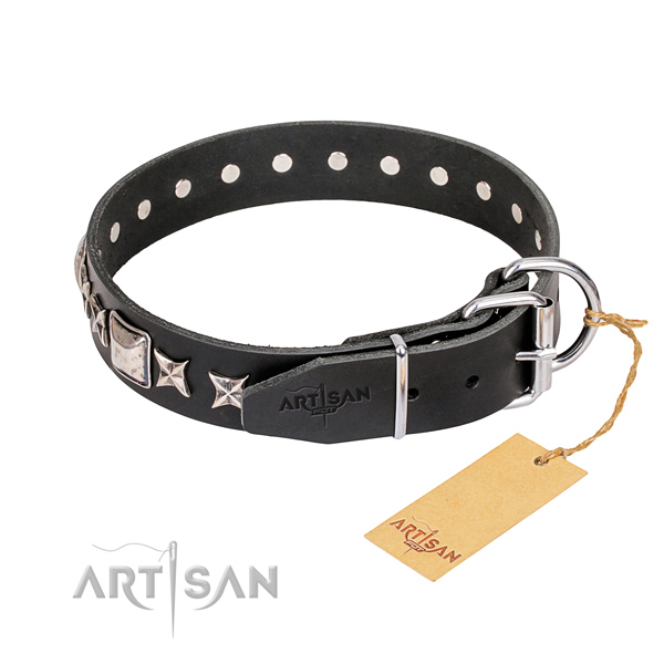 Black leather dog collar with chrome plated steel hardware