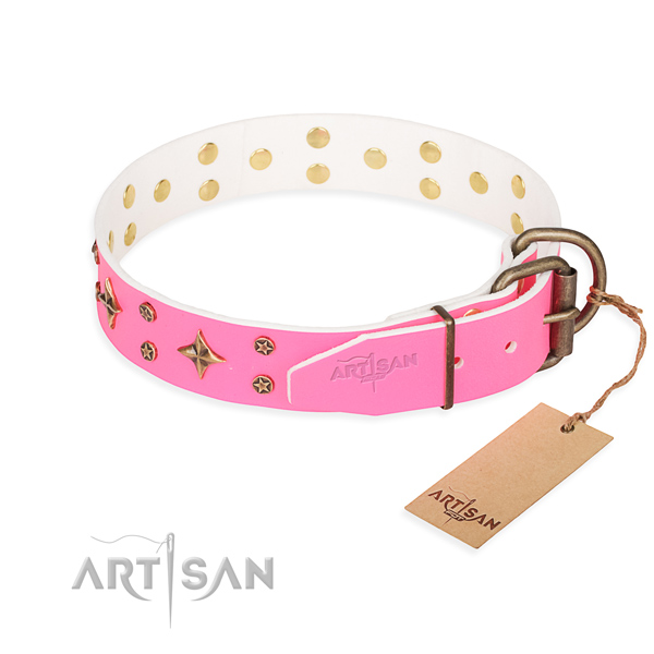 Pink leather dog collar with rust-proof hardware