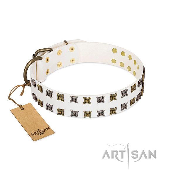 White Leather Dog Collar with Unique Adornments