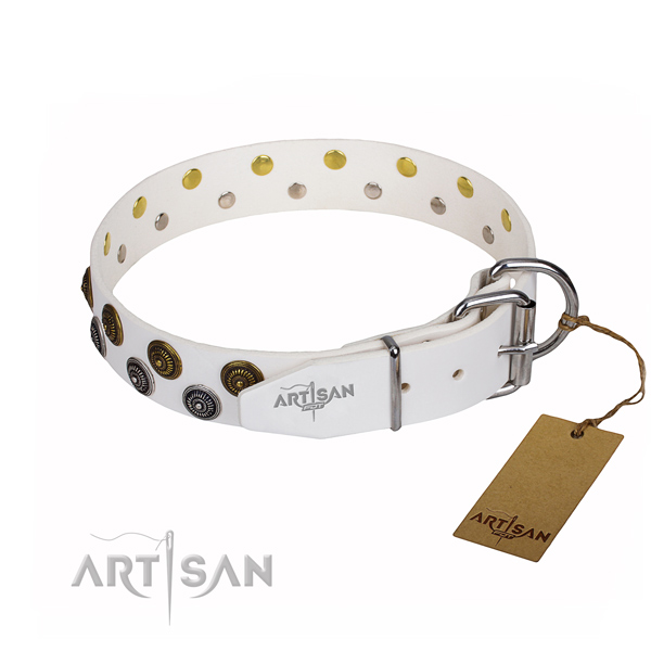 White leather dog collar with sturdy fittings