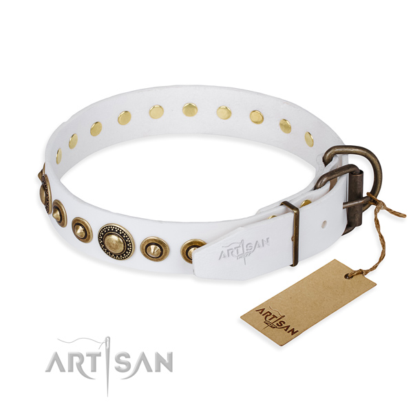 Durable white leather dog collar with buckle and D-ring