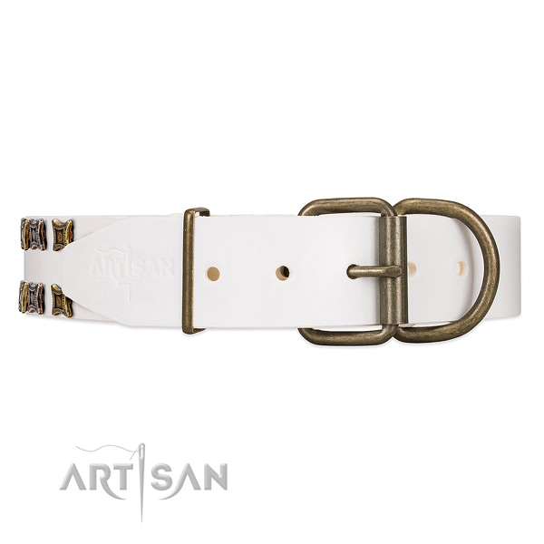 Handmade White Leather Dog Collar with Rust-proof Hardware