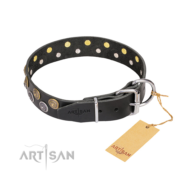 Black leather dog collar with chrome plated fittings