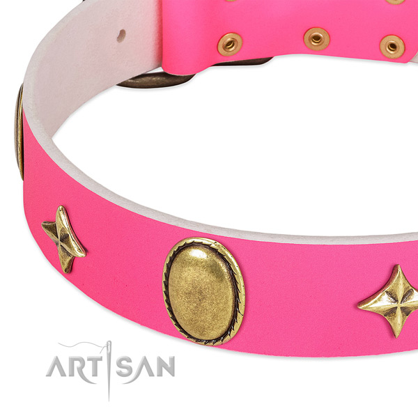 Pink leather dog collar with old bronze-like plated oval and
stars