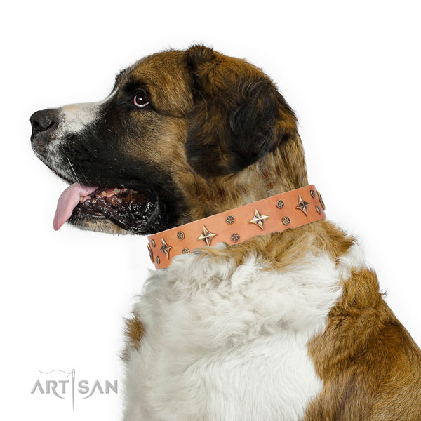 Moscow Watchdog unique natural genuine leather dog collar with decorations