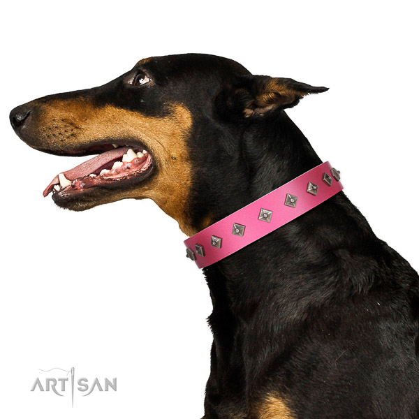 Pink Leather Doberman Collar with Mix of Square Studs