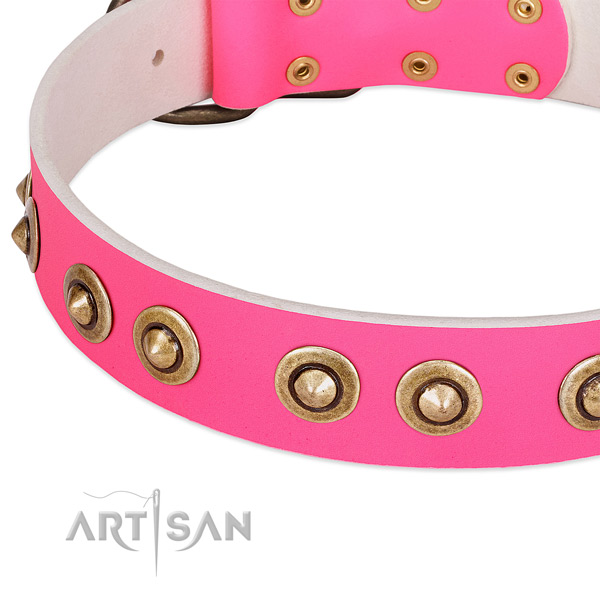 PInk Leather Dog Collar Decorated with Large Studs
