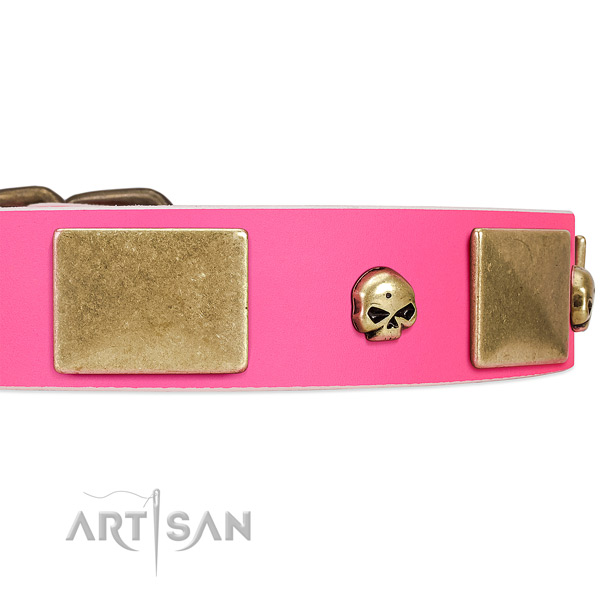 Chic Style Pink Leather Dog Collar Adorned with Skulls and Plates