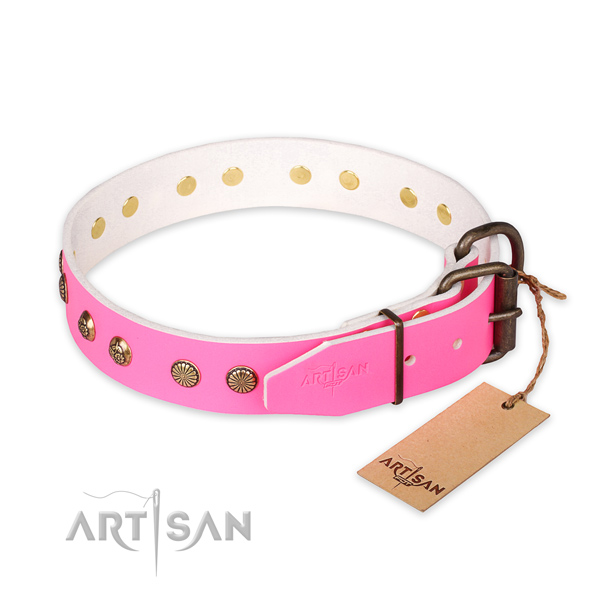 Designer Pink Leather Dog Collar with Studs