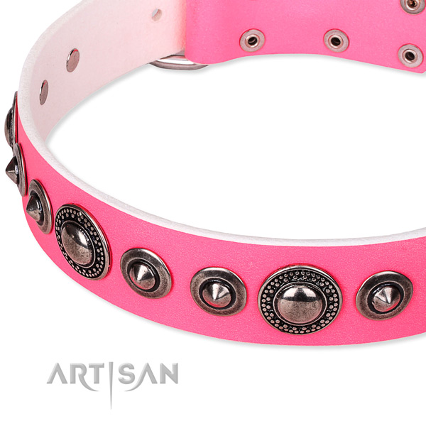Pink leather dog collar with rounded edges