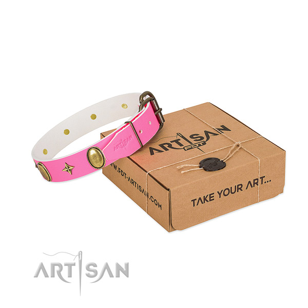 Top quality pink leather dog collar with elegant decorations