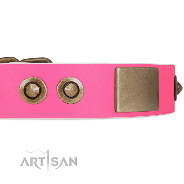 Adjustable Pink Leather Dog Collar with Handset Plates and Circles