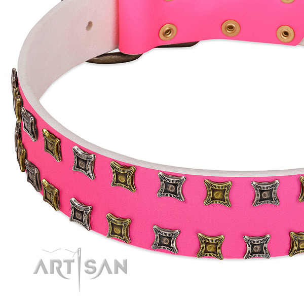 Stylish Pink Leather Dog Collar with Decorative Studs