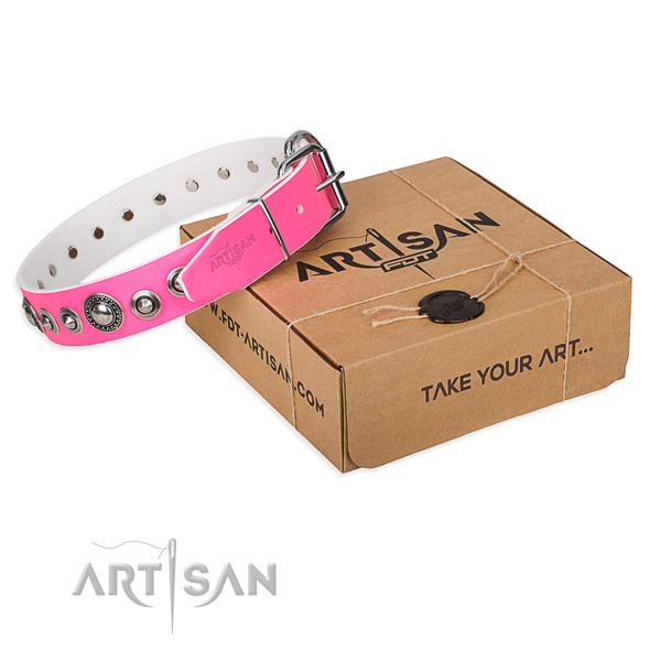 Beauteous pink leather dog collar