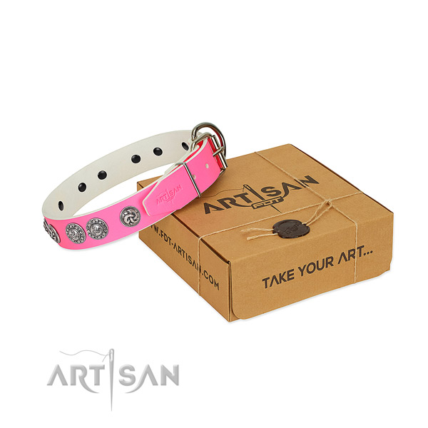 Pink leather dog collar is totally safe for daily wear