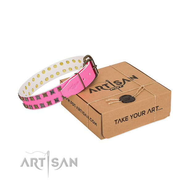 Decorated Pink Leather Dog Collar in Bright Pink Color