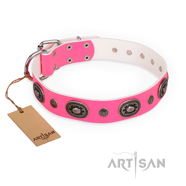 Fancy-looking pink leather dog collar with silver-like plated studs