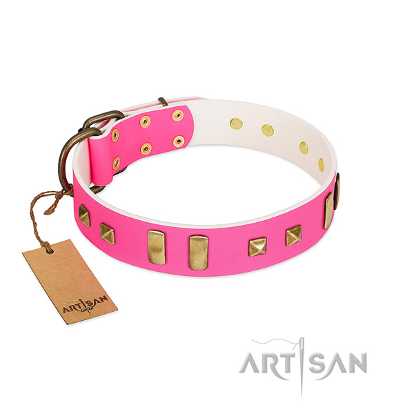 Handmade Pink Leather Dog Collar for Daily Walks