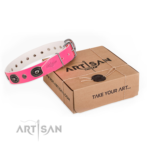 Allergy-free pink leather dog collar