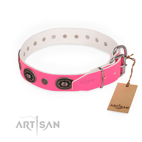 Pink leather dog collar with chrome plated fittings