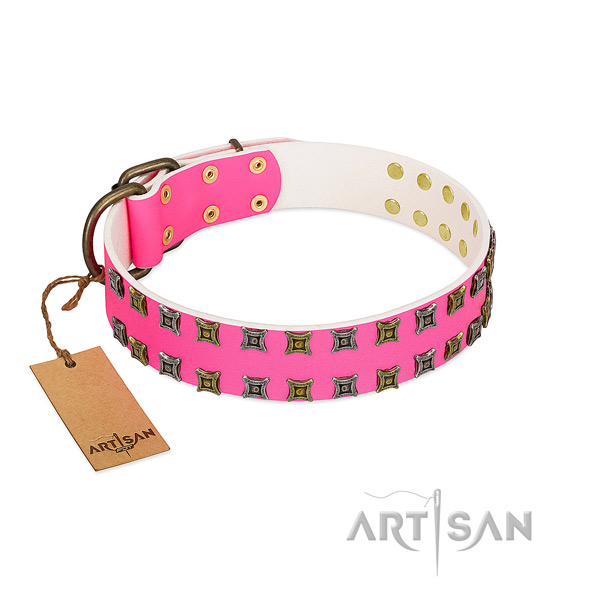 FDT Artisan Design Pink Leather Dog Collar with Trendy Decorations