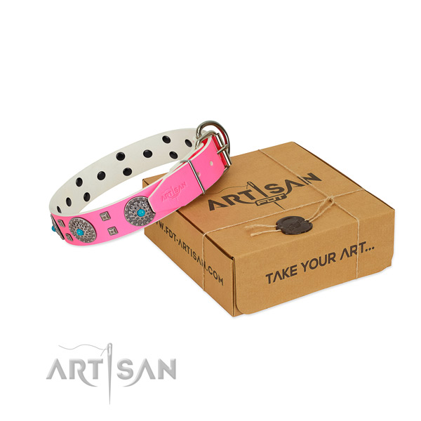 FDT Artisan pink leather dog collar for better handling
