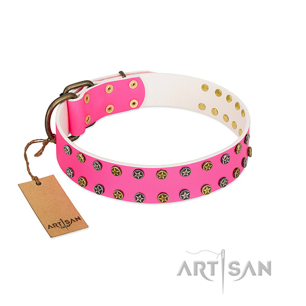 Pink leather dog collar of the best quality