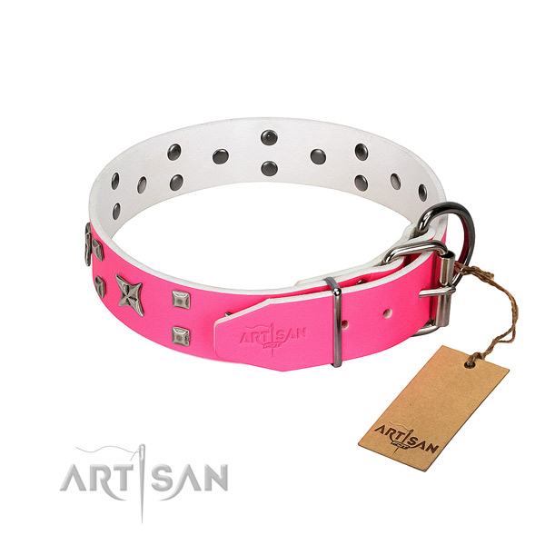 Comfortable to wear pink leather dog collar won't cut
into skin