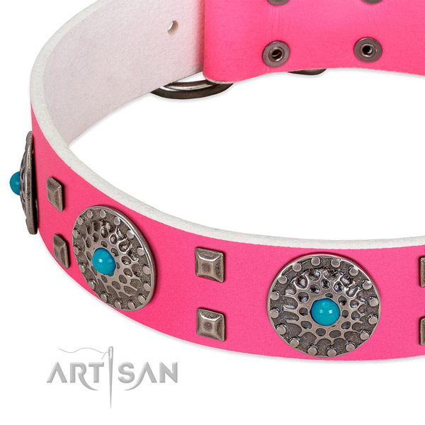 Pink leather dog collar with mix of decorations