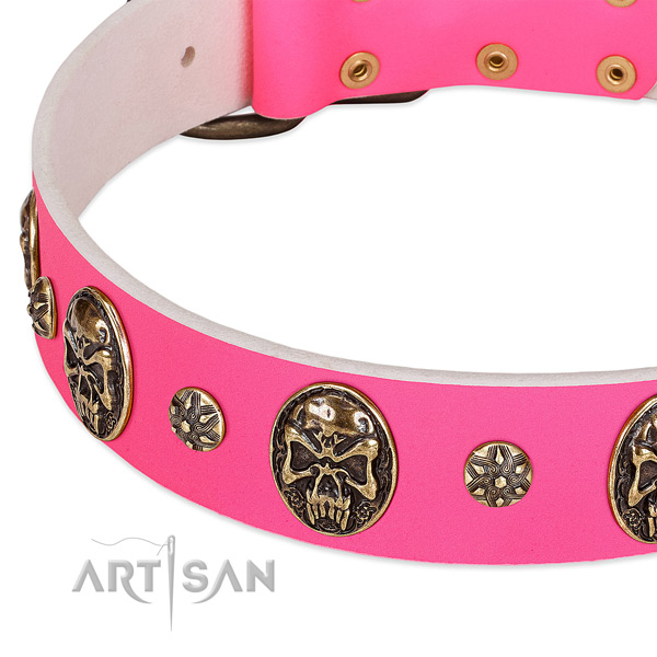 Pink Leather Dog Collar with Plates and Studs