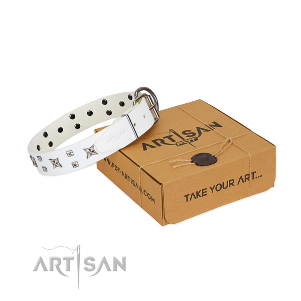 White leather dog collar of premium quality materials