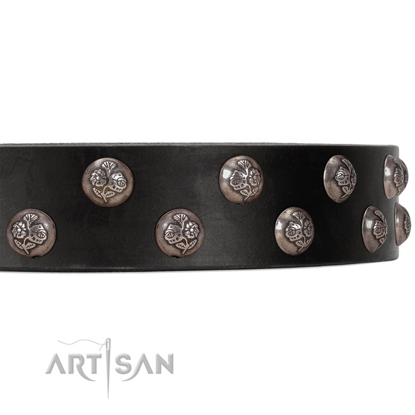 FDT Artisan black leather dog collar with small studs
with flower ornament
