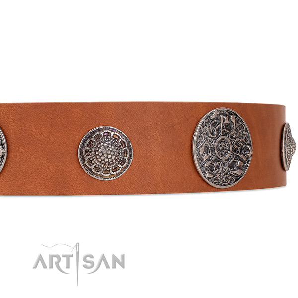 Tan leather dog collar with riveted ornate brooches
